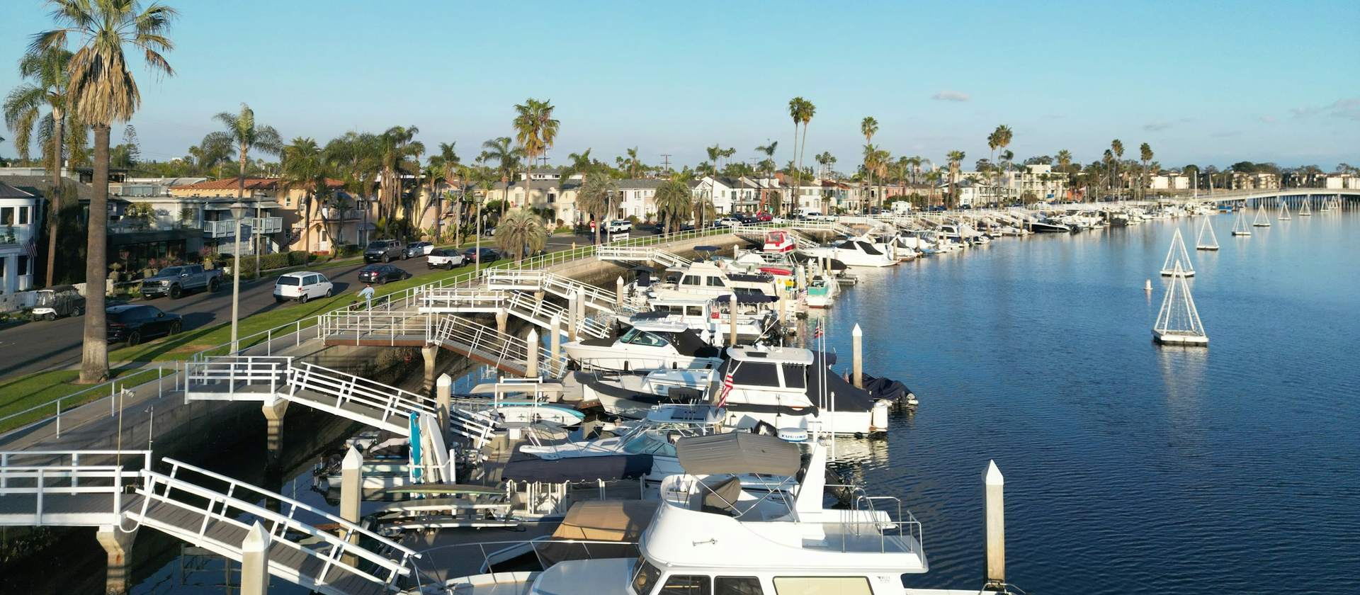Marina with boats docked along palm lined slips