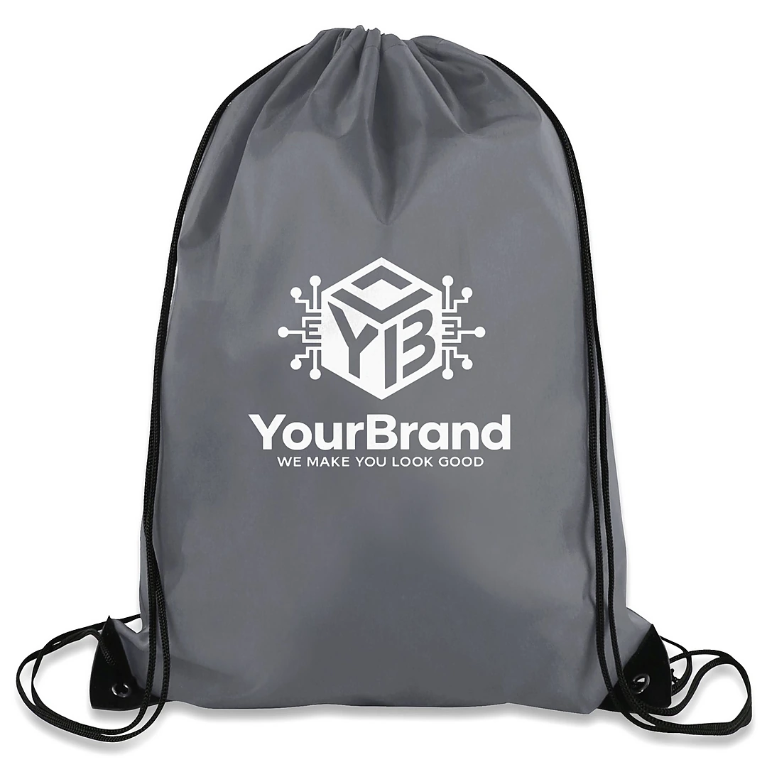 Gray drawstring backpack with sample white YourBrand logo