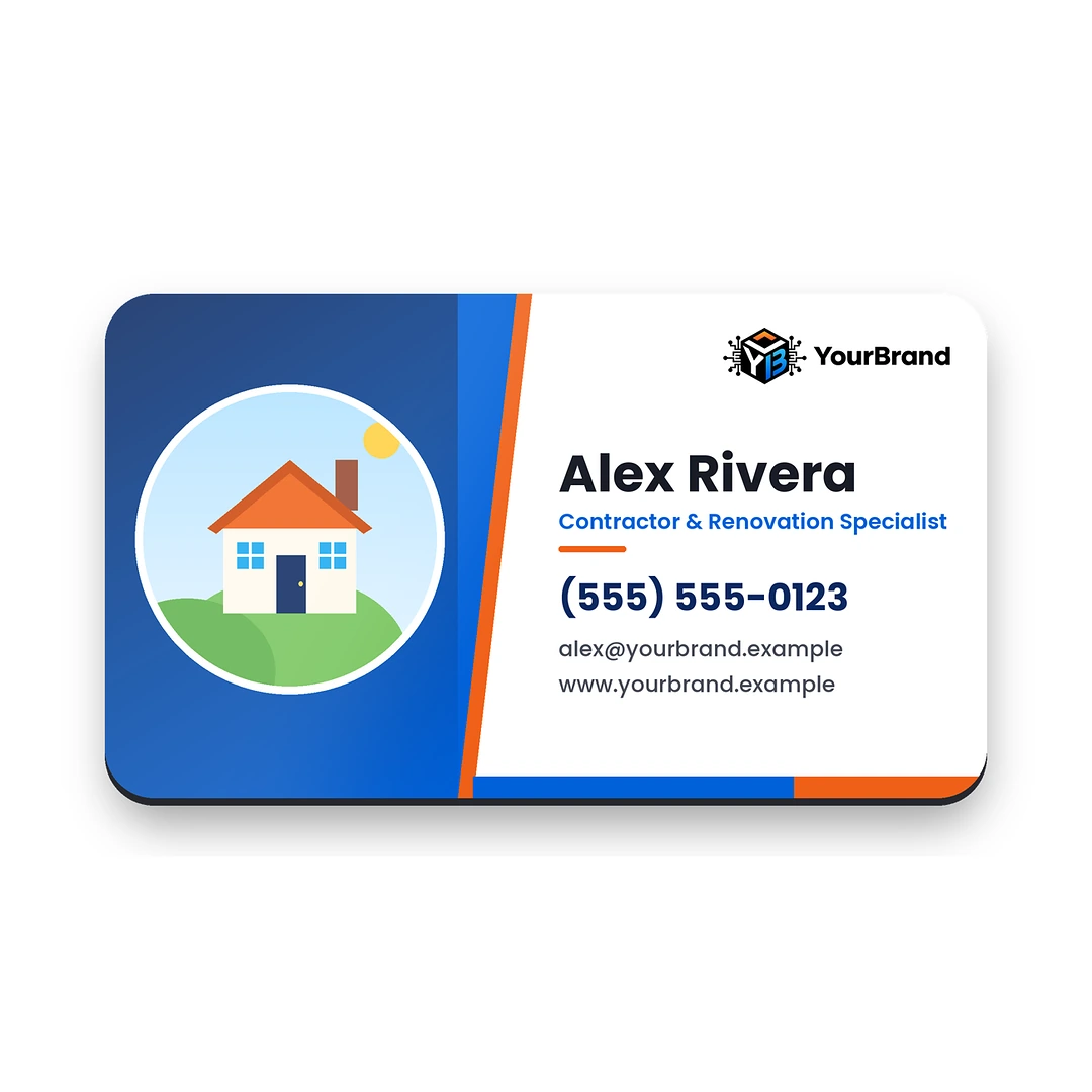 Full color business card magnet with a sample contractor design, house picture and YourBrand logo