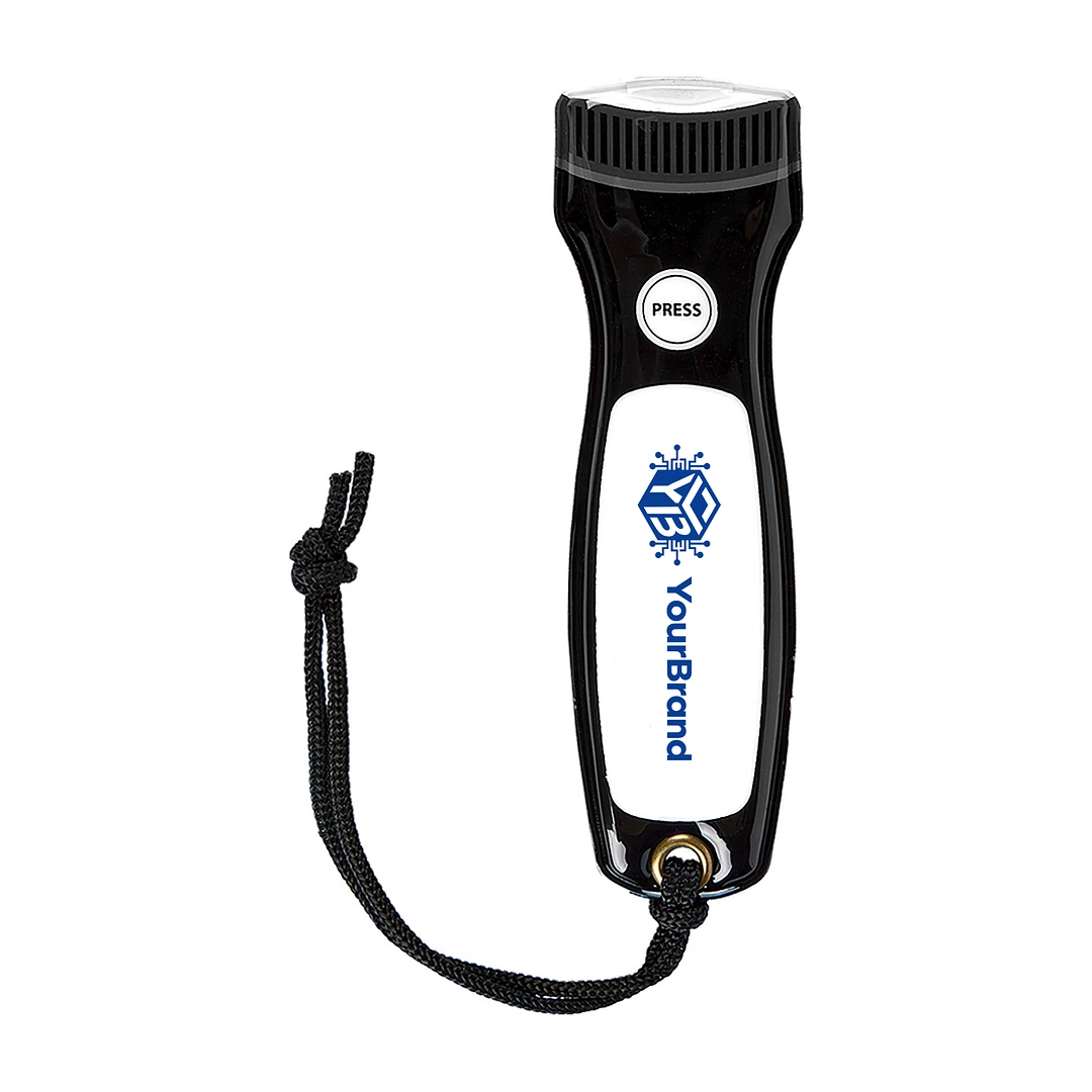 Black magnetic flashlight with sample one color YourBrand logo on the white front label