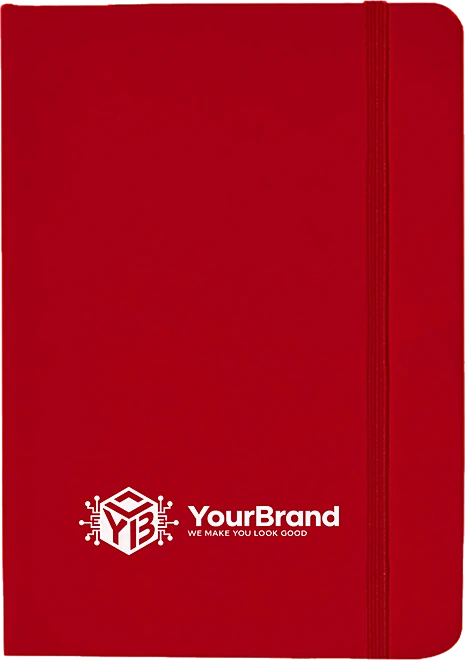 RPET Soft Touch 5 x 7 inch journal in red with sample YourBrand logo