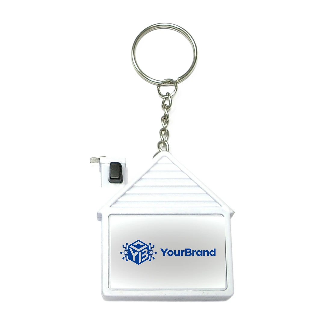 House shaped tape measure key chain with sample YourBrand logo in the front window