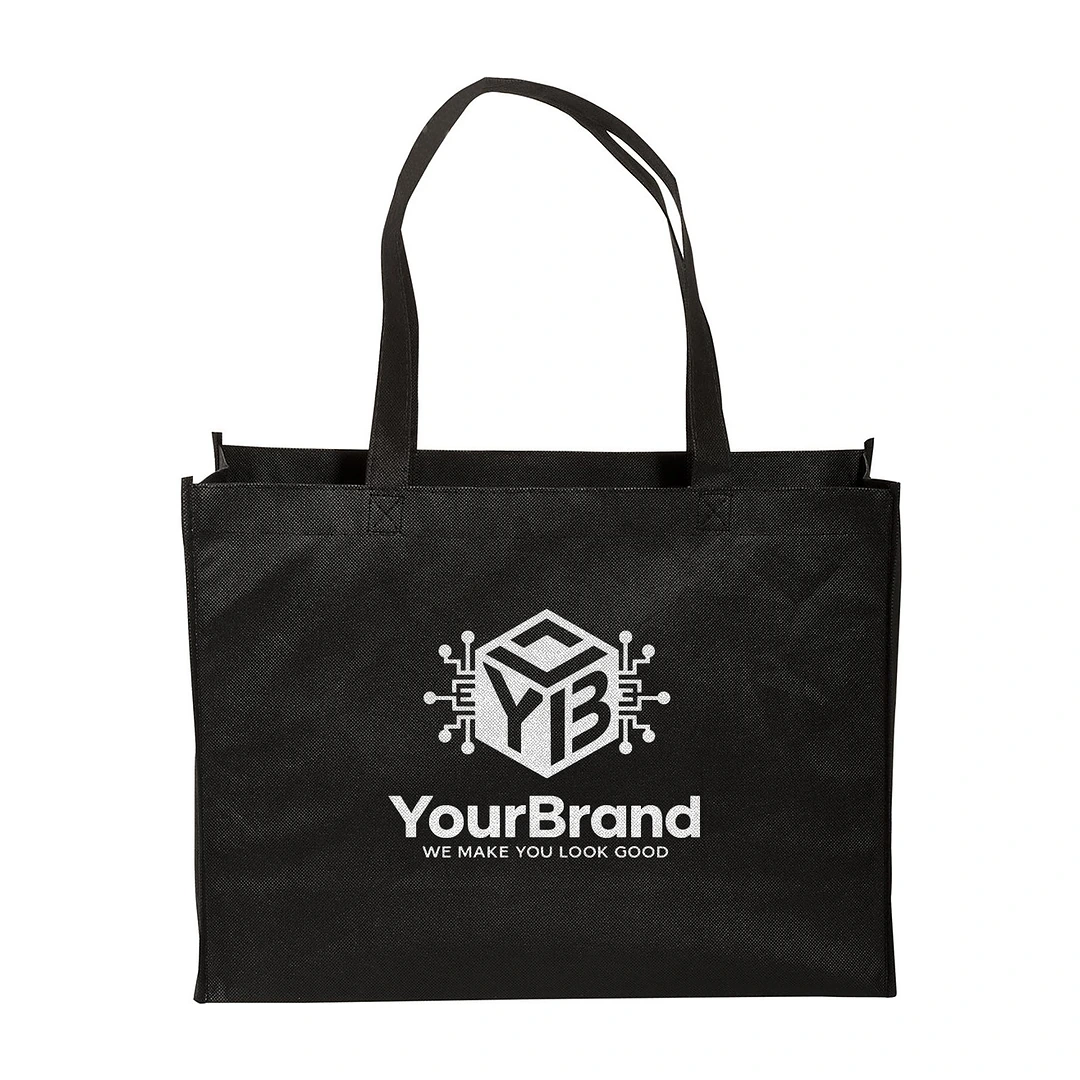 Black non-woven tote bag with sample white YourBrand logo