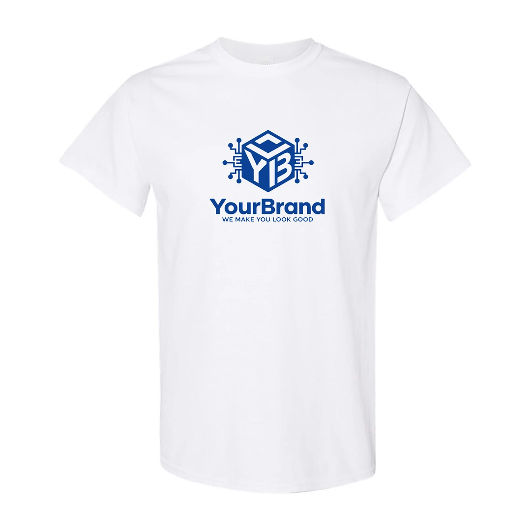 White t-shirt with sample one color YourBrand logo on the front
