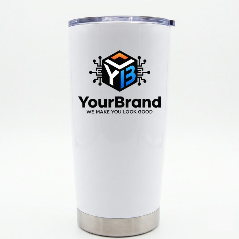 Apex 20oz Glossy White Double Wall Vacuum Insulated Stainless Steel Tumbler with sample YourBrand logo imprint